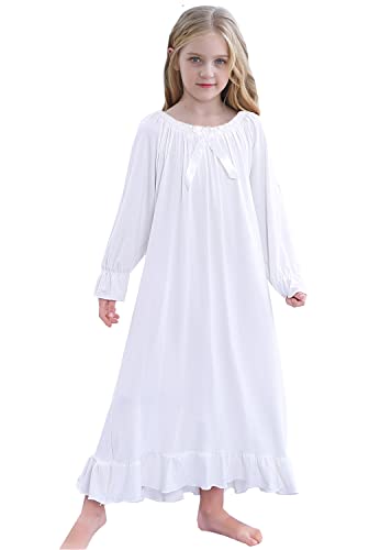 PUFSUNJJ Kids Girls Soft Cotton Nightgown Sleepwear Dress Toddler 3-12 Years Off-White