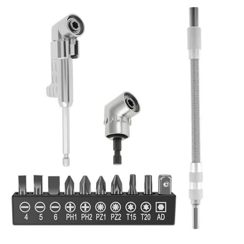 MABCIRY 105 Degree Right Angle Drill Adapter Set, Galvanized Steel Right Angle Drill Attachment with Drill Bit Extension and Bit Corner Tool Screw Hub for Household Work (12)