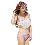 [RAVIR] 【ラヴィール】水着 レディース ビキニ 2点セット ビキニセット 女性用水着 シンプル バンドゥ バイカラー レース パープル Lサイズ