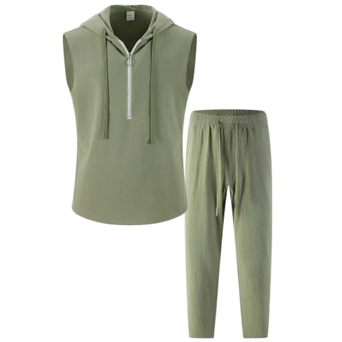 Traje de lino de 2 piezas para hombre con camisa sin mangas con capucha y pantalones
