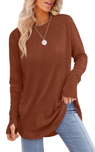 Image of XIEERDUO Womens Tunic Tops to Wear with Leggings Long Sleeve Thumb Hole Shirts Crew Neck Curved Hem