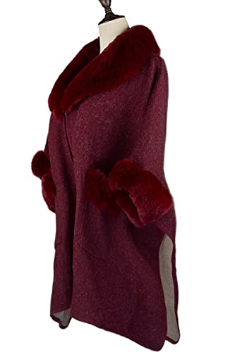 Image of Women Poncho with Pocket Warm Cashmere Cardigan Cape with Rabbit Fur