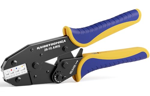 haisstronica Crimping Tool For Heat Shrink Connectors-AWG 26-10 Ratchet Wire Terminal Crimper-Ratcheting Crimper Tools-Available For Insulated Nylon Connectors and Electrical Wire Connectors HS-8327