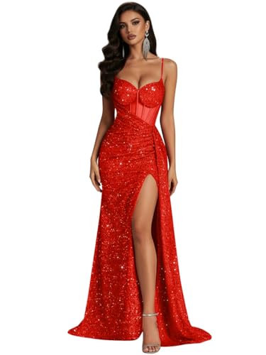 XONHS Sparkly Sequin Red Prom Dress 2026 with Slit Bodycon Pleated Open Back Wedding Guest Dresses US6