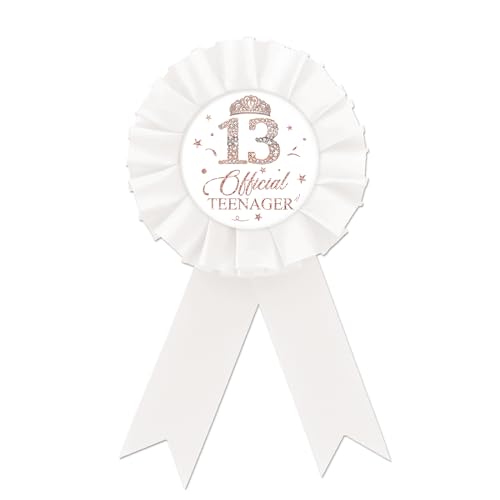 Happy 13th Birthday Tinplate Badge Pin, Official Teenager Birthday Button Pin, Rose Gold Crown Happy Birthday White Rosette Badge Pin for Girl, Brooch Buttons for Thirteen Birthday Party