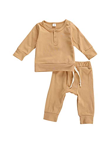 Newborn Infant Baby Boy Girl Fall Outfits Solid Cotton Long Sleeve T-Shirt Sweatshirt Tops Pants Sweatsuit Pajamas Clothes Set (B-Khaki, 12-18Months)