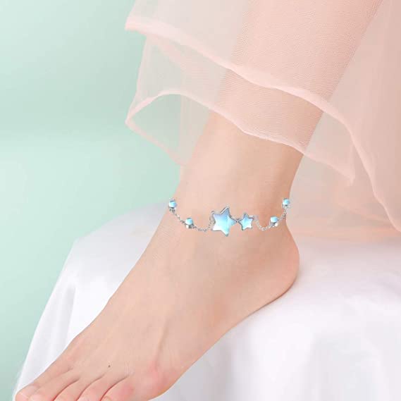 Image of CRMAD Moonstone Moon /star /daisy /turquoise /rose flower /cat /Hecate /airplane /pearl /Chakra /rose pearl /butterfly /wave /starfish Anklet for Women Sterling Silver Anklet Irish Jewelry