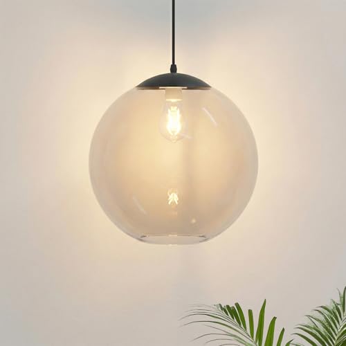 Image of KASTLITE 12 inch Acrylic Globe Pendant Light Fixture, 8W 3000K Filament LED Bulb, Ceiling Mount - Kitchen Pendant Lighting Over Island, Hanging Dining Light, Living Room Lamp - Clear Shade, Black Base