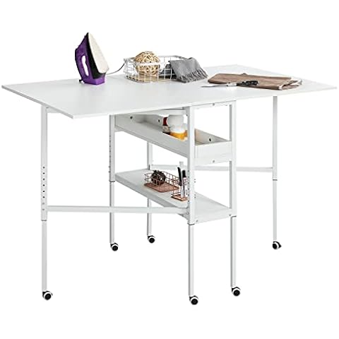MELLCOM Height Adjustable Craft Table with Storage Shelves, Mobile Folding Cutting Table for Large Fabric, Foldable Table for Home Office Sewing Room Craft Room Cover