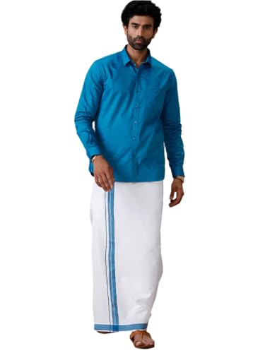 Image of RAMRAJ COTTON Men Full Sleeve Solid Shirt With Matching Border Dhoti|Ideal For Weddings And Occasion