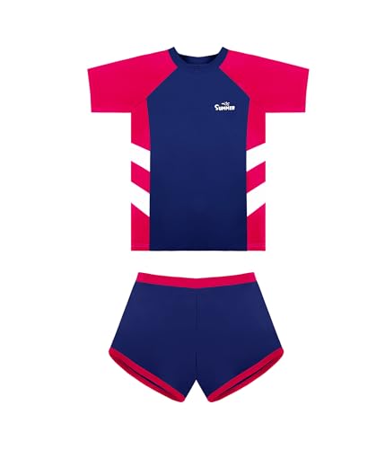 Conjunto de Baño Niña 2 Piezas, Camiseta de Natación de Manga Corta y Short, Ropa de Playa Infantil para Piscina y Playa, 6–14 Años (8-10 Years, LA732-Navy)