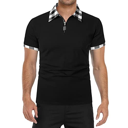 Lujengefa Men's Polo Shirts Short Sleeve Casual Zip Plaid Collar Golf Shirt For Men Tennis T Shirts Cotton Tops Black Small #TOP3