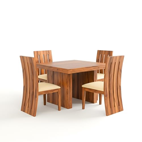 Image of SONA ART & CRAFTS Poster Solid Sheesham Wood 4 Seater Dining Table Set Dining Table with 4 Cushion Chairs Dinner Table Set for Dinning Room Home,Hotel and Office (Honey Teak Finish)