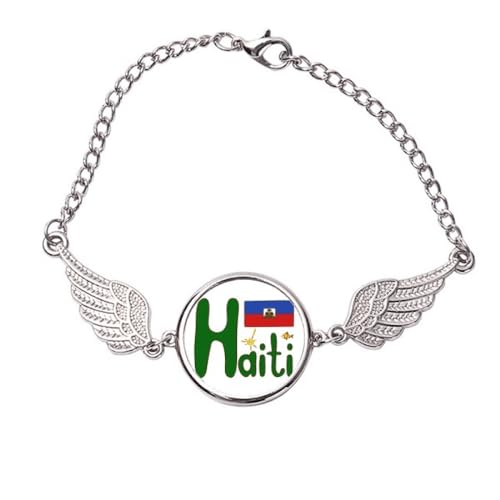 Bracelet drapeau Haïti rouge et bleu en métal avec motif ailes d'ange taille M