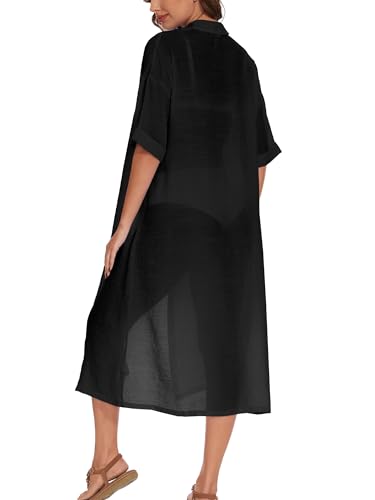 Breezy Lane Swimsuit Coverup for Women Long Button Down Shirt Dress Vacation Wear4