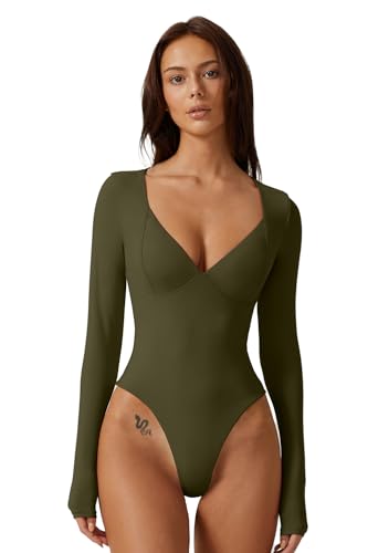 Image of QINSEN Women's Long Sleeve Bodysuit V Neck Body Suits Seamed Cup Going Out Tops Shirt