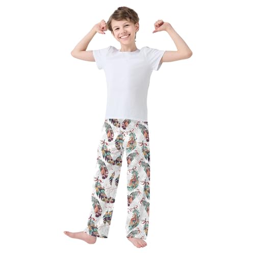 ZZXXB Ethnic Feather Print Boys Long Pants Soft Trousers Elastic Waist Kids Lounge Bottoms with Pockets S-XL2