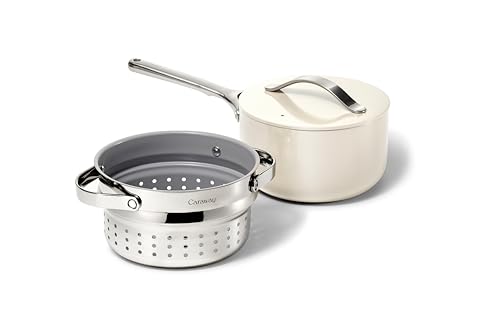 Caraway Nonstick 3 Qt Ceramic Sauce Pan with Lid & Steamer - Non ...