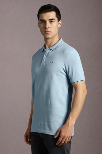 Image of Louis Philippe Men's Slim Fit Single-Tuck Pique Stylized Sleeve Print and Contrast Tipping Half Sleeve Solid Cotton Polo Tshirt