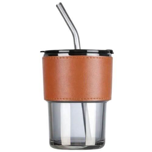 Image of Personalized Glass Sipper Tumbler with Leather Sleeve, Lid & Straw | Reusable Coffee, Tea, Milk & Juice Mug |Leakproof Gift Cup for Kids & Adults - 435ml (Black)