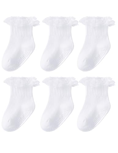 Witwot 6 Pairs Toddler Grip Socks Baby Girls Non Slip White Ruffle Socks 6M-5T
