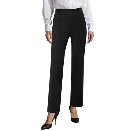Womens Stretchy Dress Work Pants, Business Casual Straight Leg Office Trousers Pull On Slacks with 2 Pockets Black X-Large