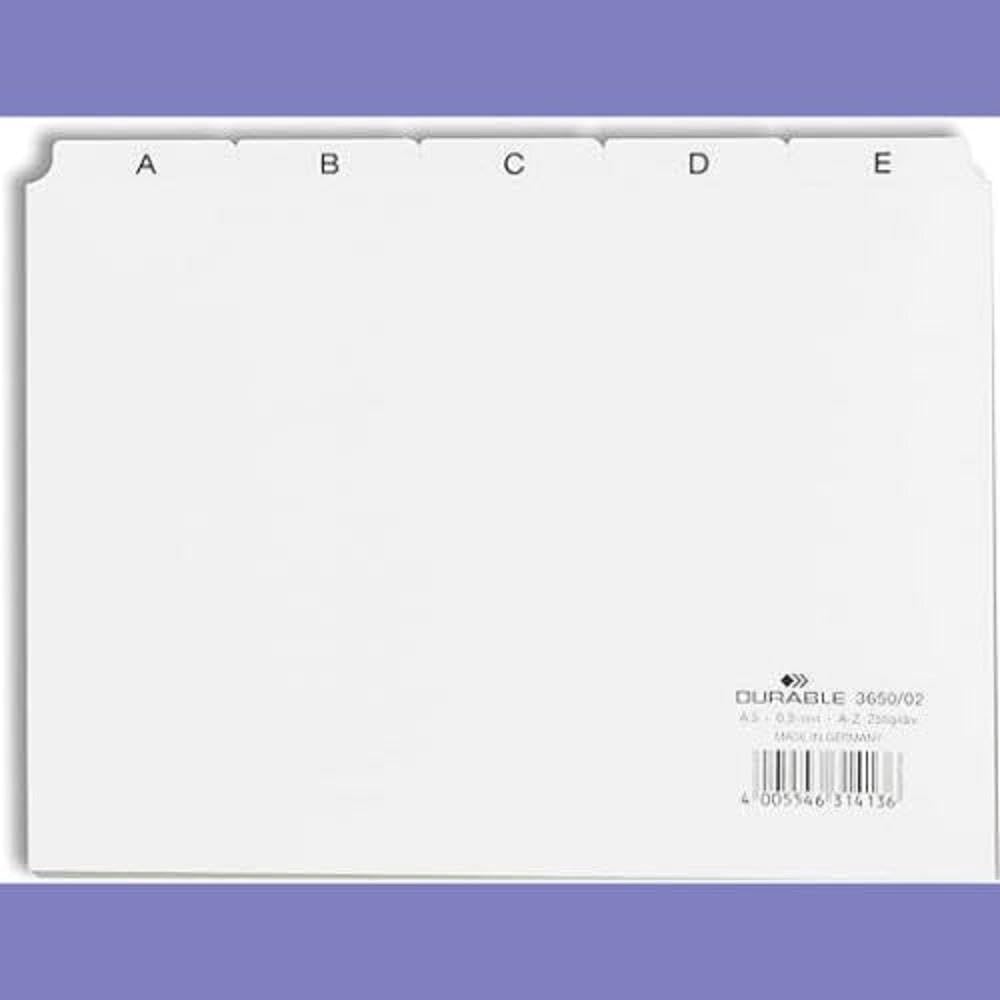 Durable A5 Index Card Set | Includes Printed A-Z Tabs | White | Made of Strong PVC | Perfect for Organising Documents | Pack of 1