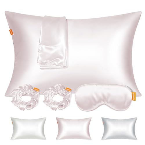 ComfortAce Juego de 3 piezas: funda de almohada de seda, goma de seda y antifaz para el cuidado del cabello y la piel, 40 x 80 cm (estilo clásico) con cremallera invisible (rosa claro)