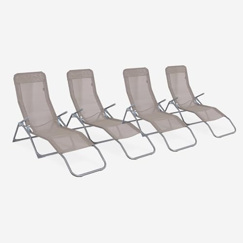 Alice's Garden - Lot de 4 Bains de Soleil pliants - Levito Taupe - Transats textilène 2 Positions. chaises Longues