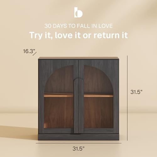 Image of BELLEZE Bijou 31.5 inch Modular Sideboard Cabinet - Expandable Design w /Arched Glass Doors - Use Solo or Combine for Buffet, Living Room Media Center & Entryway - 70lbs Capacity, Ebony