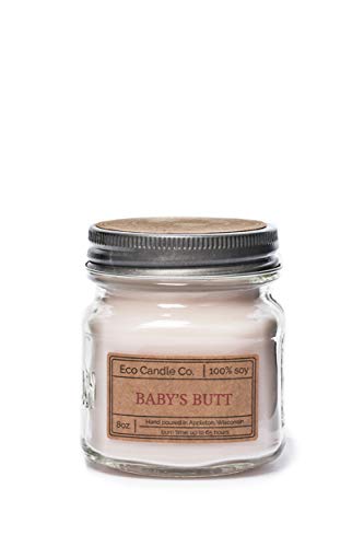 Eco Candle Co. Mason Jar Candle, Baby s Butt, 8 oz. - Scents of Lavender, Baby Powder, & Vanilla - 100% Soy Wax, No Lead, Kraft Label & Antiqued Pewter Lid, Hand Poured, Midwest Grown Soybeans