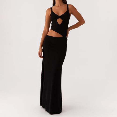Image of Women Cut Out Maxi Dress Sleeveless Spaghetti Strap V Neck Backless Summer Bodycon Long Dress Party Dress