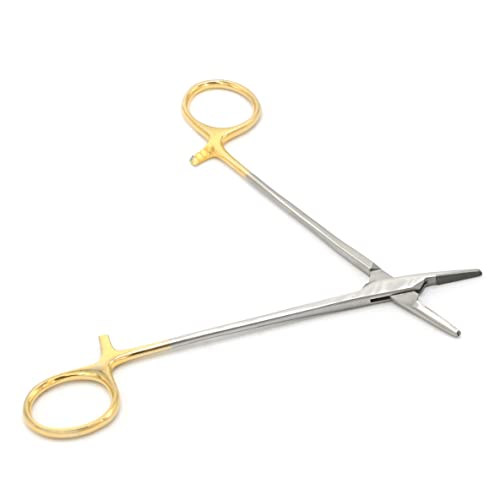 Image of Mayo Hegar Needle Holder 7 inch Needle Driver with Tungsten Carbide Inserts Stainless Steel Locking Ratchet Gold Rings Handle Instruments