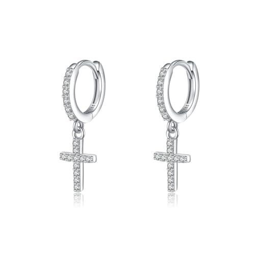 SLUYNZ Solid 925 Sterling Silver Cross Hoop Earrings for Women Teens Small CZ Hoop Earrings Huggie Drop