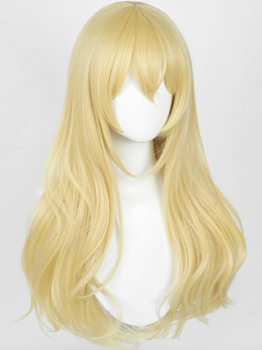 Image of Half and Half Long Curly Blonde Anime Cosplay Wig with Bangs for Women Light Golden Wave Wigs Synthetic Hair for Halloween Party Costumes