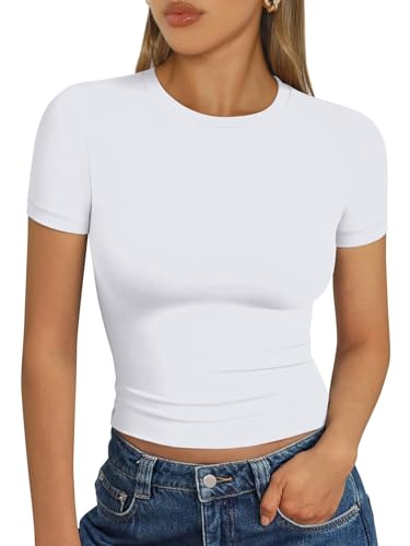 LILLUSORY Crop Tops Short Sleeve T Shirts for Women UK Summer Going Out Basic Slim Fit Tshirts Gym Workout Y2k Capsule Wardrobe Clothes White M