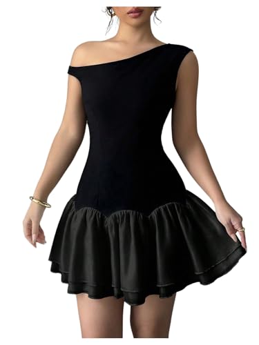 Image of Verdusa Women's Color Block Ruffle Off Shoulder Dress Drop Waist Layered Mesh Mini Dress