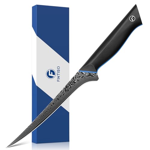 FINTISO Damascus Filleting Knife 7 Inch, Boning Knife for Meat Made of 67-Layer Japanese High Carbon Steel, Fish Knives with Full Tang G10 Handle, Gift Box Included - Zeus Series