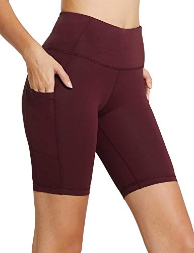 BALEAF Women s 8 High Waist Biker Workout Yoga Running Compression Exercise Shorts Side Pockets Ruby Wine Size L