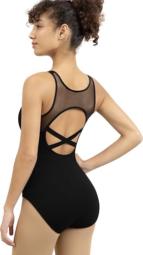 QZSH Maillot de baile para mujer, malla sin mangas, parte delantera en V, espalda hueca entrecruzada, forro frontal completo, Negro -, Large