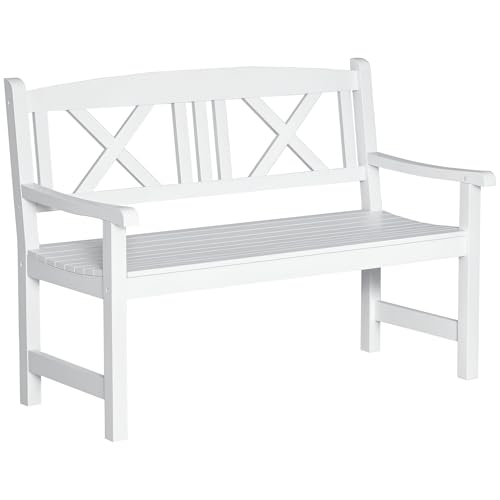 Outsunny 2-Seater Wooden Garden Bench, 4FT Outdoor Patio Loveseat with Unique X-Shape Back for Yard, Lawn, Porch, White