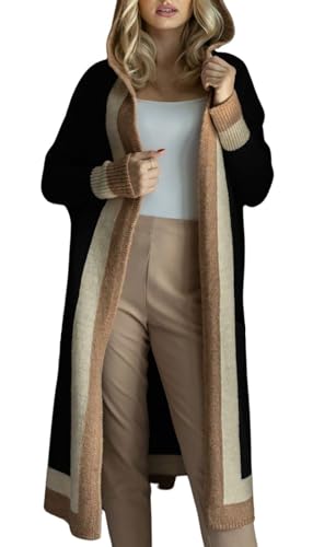 Image of utcoco Women's Oversized Hooded Cardigan Sweaters Color Block Open Front Long Sweater Coat Outwear with Pockets