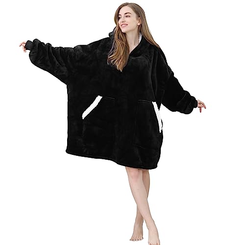 Kipswiza Wearable Blanket Hoodie for Women and Men, Cozy Soft Sherpa Oversized Hooded Blankets Sweatshirt as Birthday Gifts for Her Mom Girlfriend Boyfriend, Black