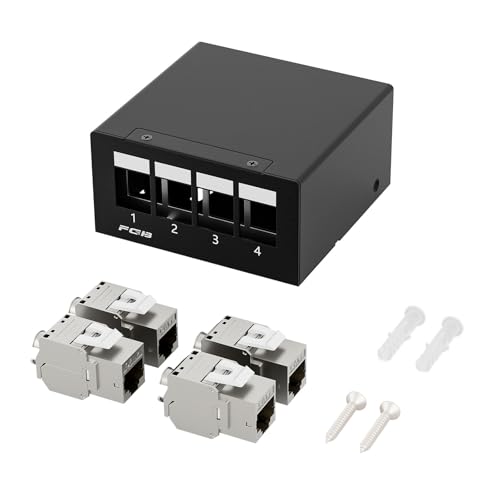 FGB Panel de conexión CAT7 de 10 Gbps, 4 puertos con 4 módulos Keystone Jack CAT.7 RJ45, panel de distribución STP para red LAN DSL, compatible con CAT6, CAT6a, CAT7, CAT8, cable de red