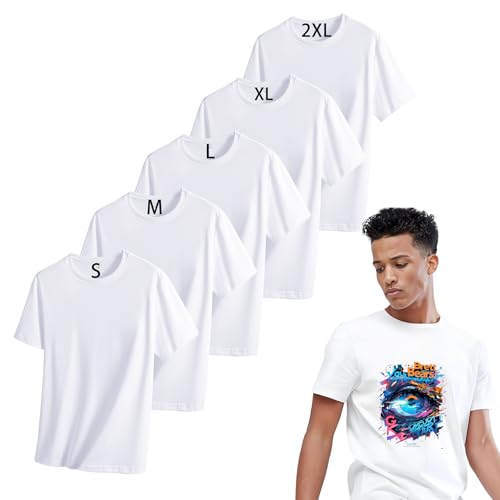 5 Pack Unisex Sublimation T-Shirts Blank,Sublimation White Polyester Short Sleeve Shirt for Men & Women, 5 Size