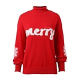 Suéter de Navidad para mujer, ajuste regular, de punto, con diseño de copos de nieve, letras de Feliz Navidad, cuello alto, rosso, S