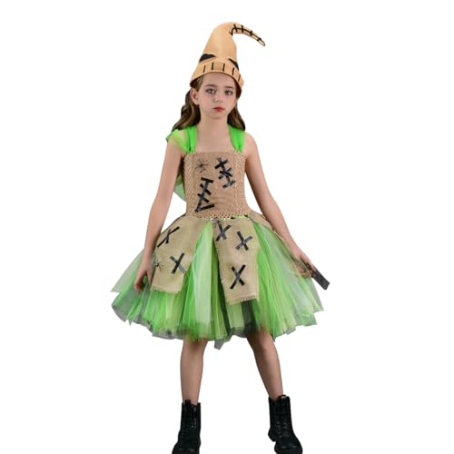 IDOPIP Kids Girls Halloween Costume Witch Cosplay Nightmare Doll Fancy Dress Puff Tulle Tutu Dresses Christmas Eve Dress Up with Hat Green S/2-3Y
