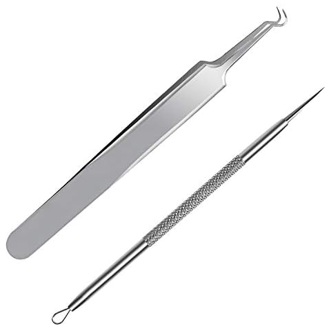 FIXBODY Blackhead and Splinter Remover Tools - Stainless Steel Professional Easily Cure Pimples Whiteheads Comedones Acne Zit Ingrown Hairs and Facial Impurities Bend Head Tweezer Surgical Kit Cover