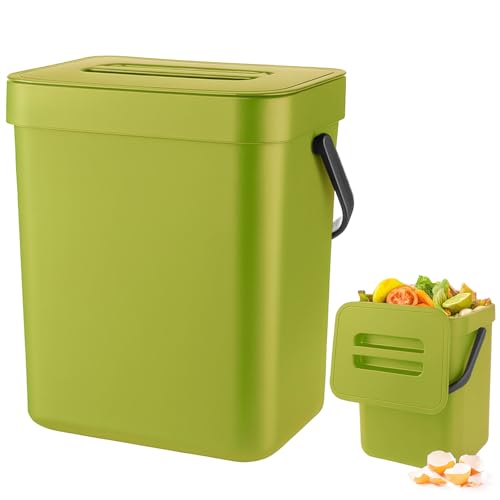 Zyluniy Komposteimer Küche 3L, Biomülleimer Küche Klein, Hängend Biomülleimer, Kleiner Mülleimer für Arbeitsplatte, Behälter mit Deckel, Komposter für Küche, Zuhause, Badezimmer, Schlafzimmer, Grün