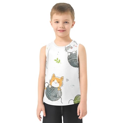 Bolaz Boys Athletic Quick Dry Tank Top Sleeveless Workout T Shirts Age 11-15,Cute Cats Hanging_on_Balls2